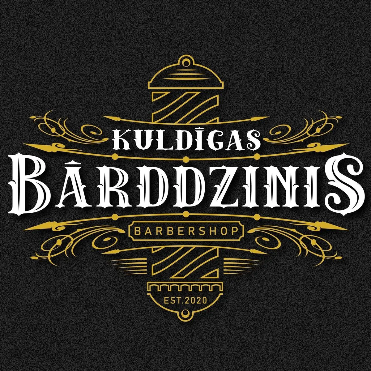 Kuldīgas Bārddzinis logo – zelta ornaments un bārddziņa stabs uz melna fona